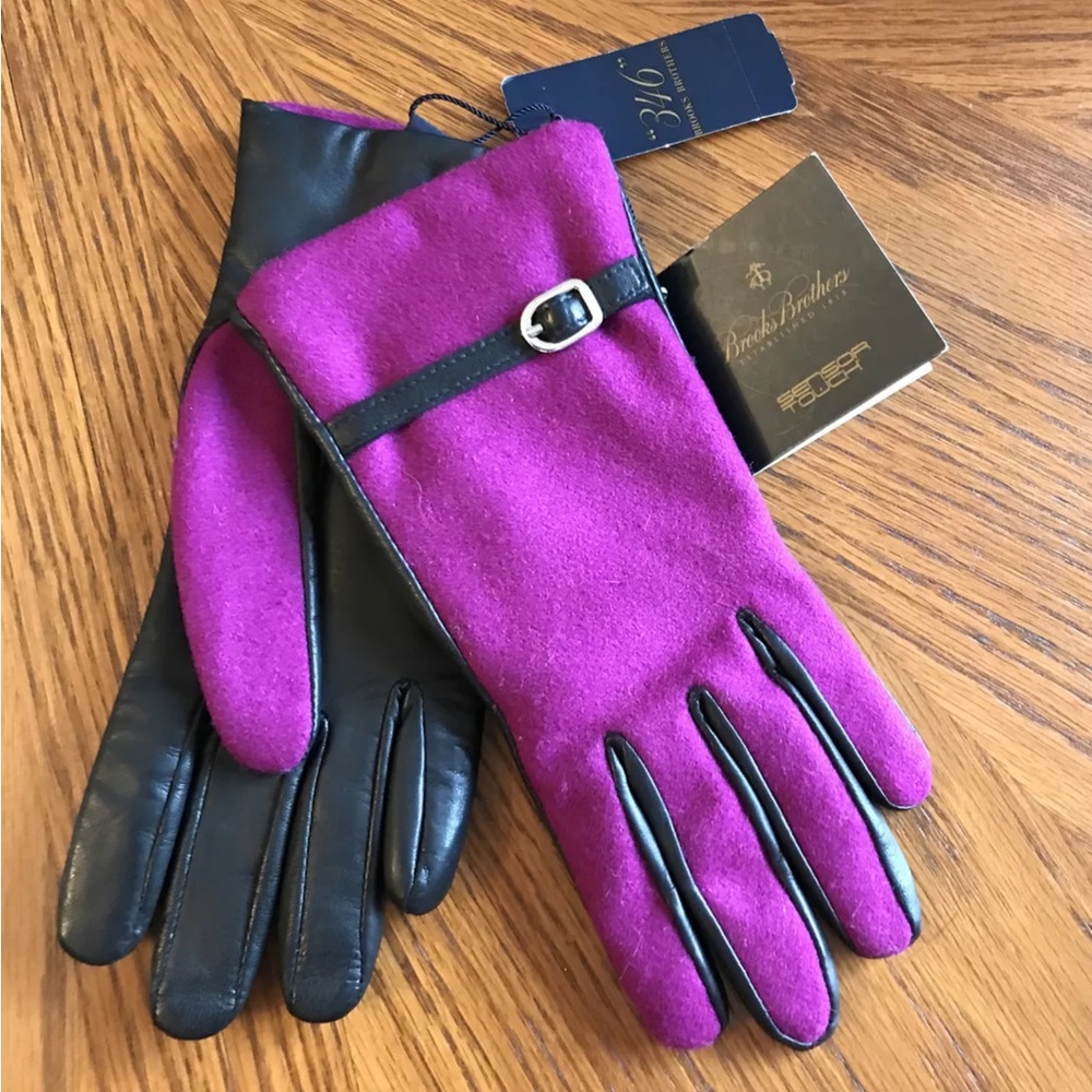 Womens Brooks Brothers 346 Black Leather/Purple Wool Gloves NWT SensorTouch